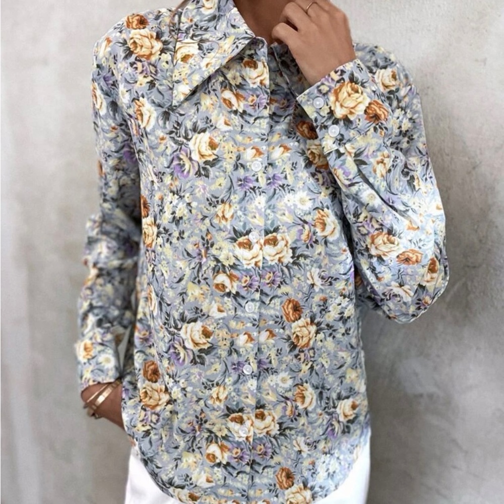 Elegant Allover floral print blouse button front,SizeM(6), multicolor,polyester